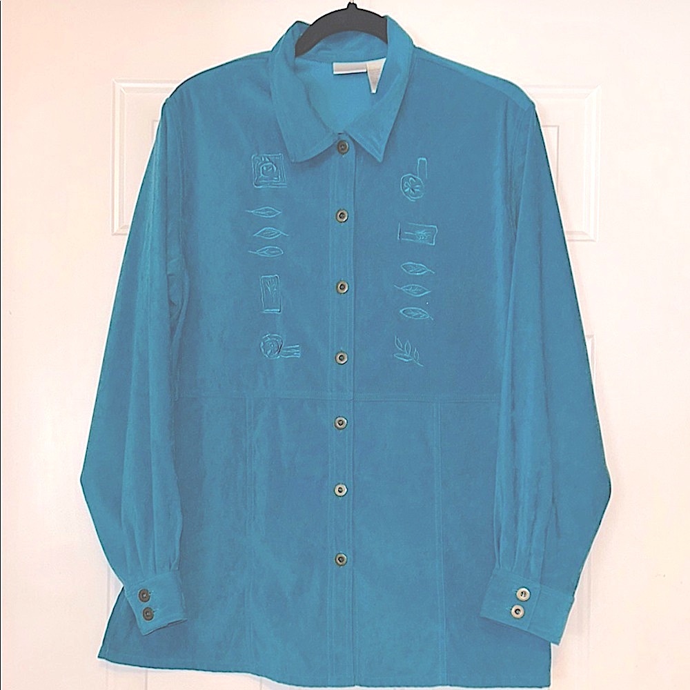 Koret Button-Up Shirt/Jacket Embroidered Details L Teal Vintage Faux Suede